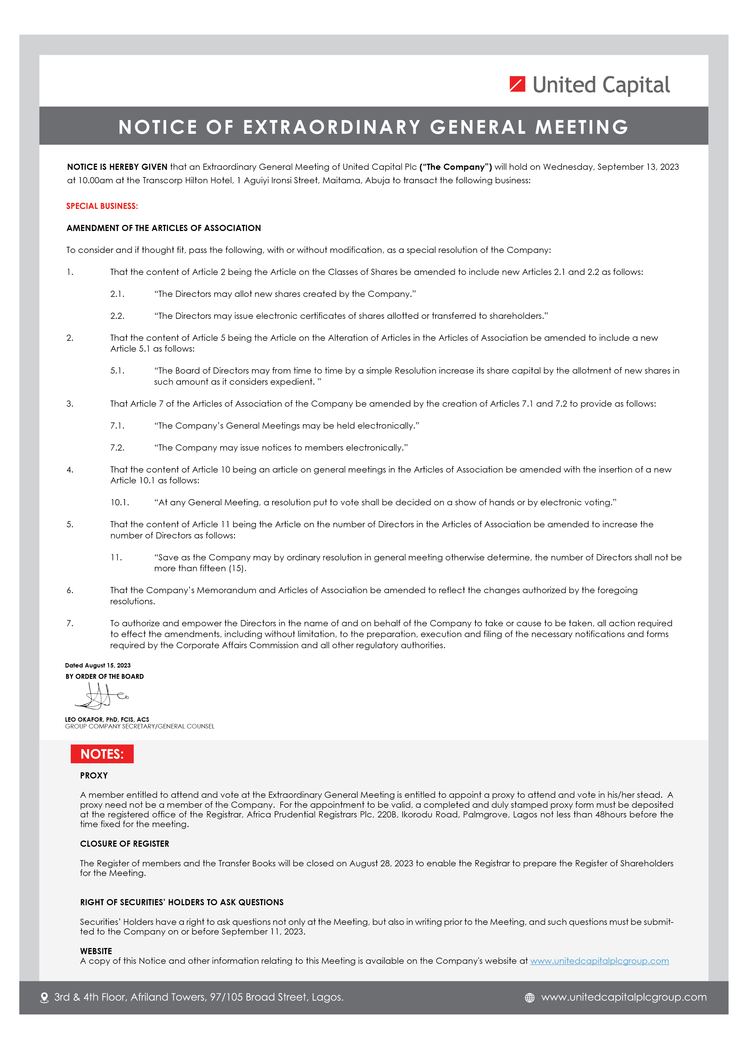 Notice of Extraordinary General Meeting